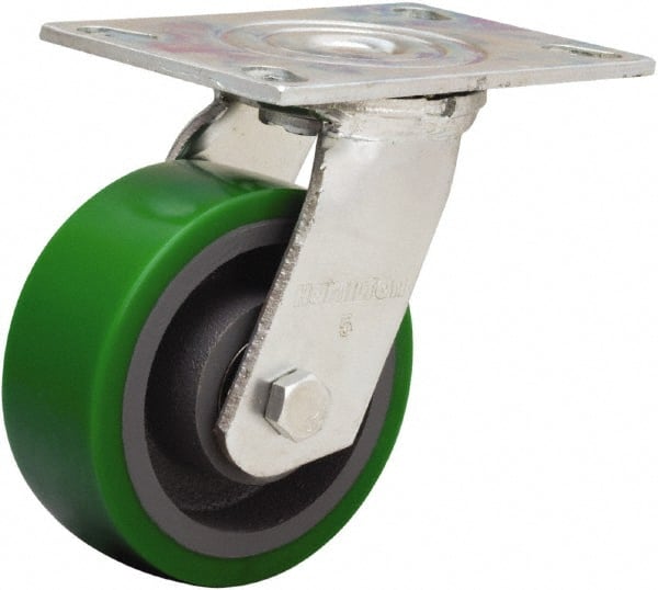Hamilton - 5" Diam x 2" Wide x 6-1/2" OAH Top Plate Mount Swivel Caster - Polyurethane Mold onto Cast Iron Center, 900 Lb Capacity, Sealed Precision Ball Bearing, 4-1/2 x 6-1/4" Plate - Exact Tooling