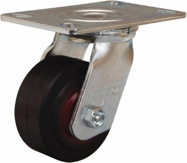 Hamilton - 4" Diam x 2" Wide x 5-5/8" OAH Top Plate Mount Swivel Caster - Rubber Mold on Cast Iron, 300 Lb Capacity, Straight Roller Bearing, 4-1/2 x 6-1/4" Plate - Exact Tooling
