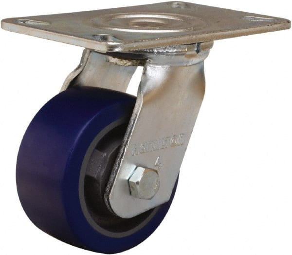 Hamilton - 4" Diam x 2" Wide x 5-5/8" OAH Top Plate Mount Swivel Caster - Polyurethane Mold onto Cast Iron Center, 600 Lb Capacity, Sealed Precision Ball Bearing, 4-1/2 x 6-1/4" Plate - Exact Tooling