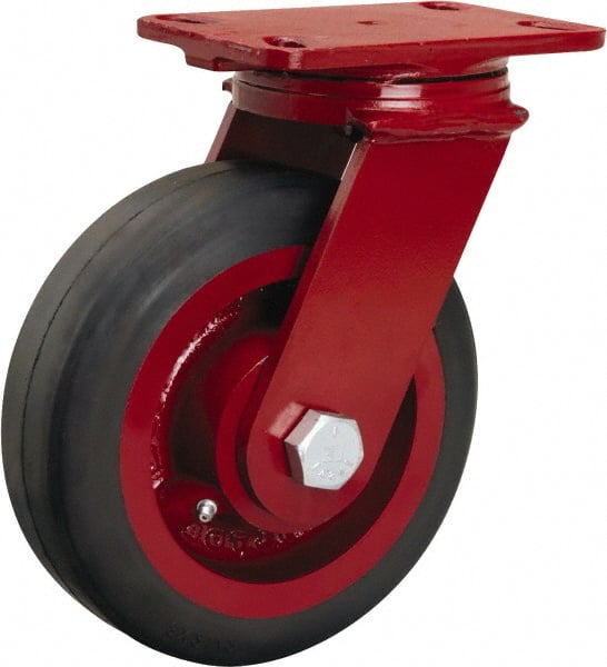 Hamilton - 8" Diam x 2-1/2" Wide x 10-1/8" OAH Top Plate Mount Swivel Caster - Rubber Mold on Cast Iron, 670 Lb Capacity, Straight Roller Bearing, 4-1/2 x 6-1/2" Plate - Exact Tooling