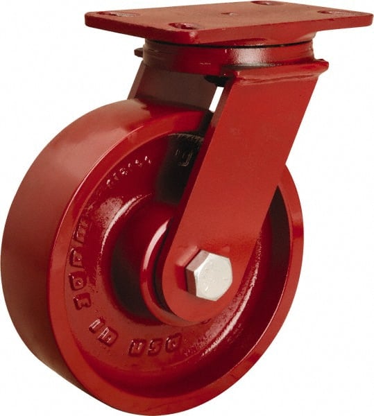 Hamilton - 8" Diam x 2-1/2" Wide x 10-1/8" OAH Top Plate Mount Swivel Caster - Cast Iron, 1,800 Lb Capacity, Straight Roller Bearing, 4-1/2 x 6-1/2" Plate - Exact Tooling