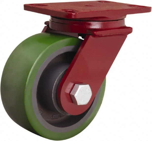 Hamilton - 6" Diam x 2-1/2" Wide x 7-1/2" OAH Top Plate Mount Swivel Caster - Polyurethane Mold onto Cast Iron Center, 1,600 Lb Capacity, Tapered Roller Bearing, 4-1/2 x 6-1/2" Plate - Exact Tooling