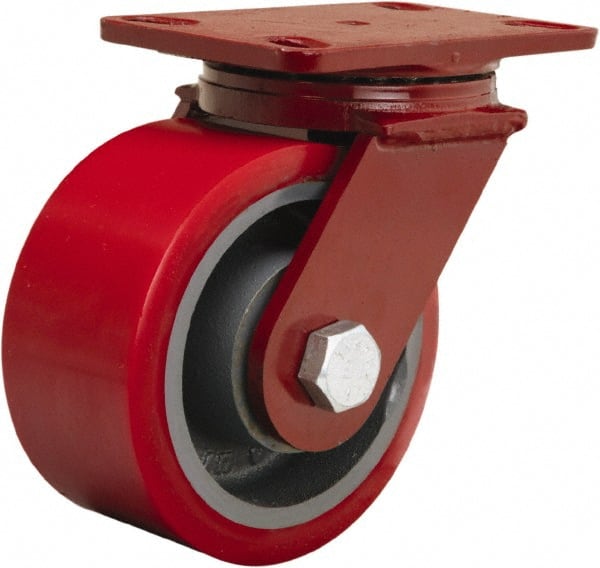 Hamilton - 6" Diam x 3" Wide x 7-1/2" OAH Top Plate Mount Swivel Caster - Polyurethane Mold onto Cast Iron Center, 2,200 Lb Capacity, Sealed Precision Ball Bearing, 4-1/2 x 6-1/2" Plate - Exact Tooling
