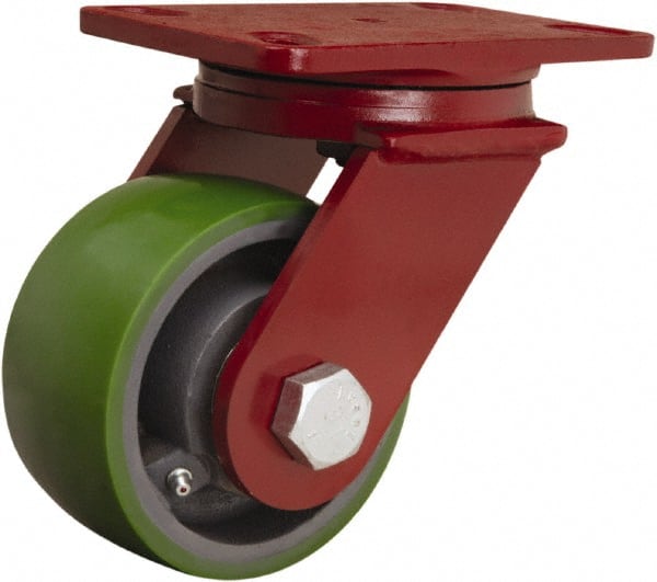 Hamilton - 5" Diam x 2-1/2" Wide x 7" OAH Top Plate Mount Swivel Caster - Polyurethane Mold onto Cast Iron Center, 1,300 Lb Capacity, Straight Roller Bearing, 4-1/2 x 6-1/2" Plate - Exact Tooling