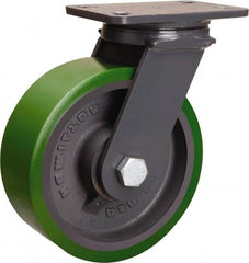 Hamilton - 8" Diam x 3" Wide x 10-1/4" OAH Top Plate Mount Swivel Caster - Polyurethane Mold onto Cast Iron Center, 2,400 Lb Capacity, Sealed Precision Ball Bearing, 4-1/2 x 6-1/2" Plate - Exact Tooling