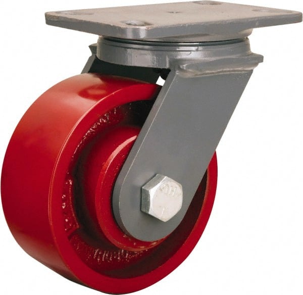 Hamilton - 6" Diam x 2-1/2" Wide x 7-3/4" OAH Top Plate Mount Swivel Caster - Cast Iron, 2,200 Lb Capacity, Tapered Roller Bearing, 4-1/2 x 6-1/2" Plate - Exact Tooling