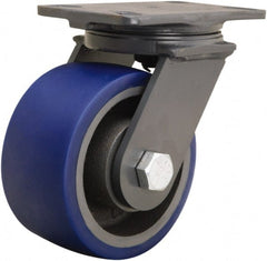 Hamilton - 6" Diam x 3" Wide x 7-3/4" OAH Top Plate Mount Swivel Caster - Polyurethane Mold onto Cast Iron Center, 1,800 Lb Capacity, Tapered Roller Bearing, 4-1/2 x 6-1/2" Plate - Exact Tooling