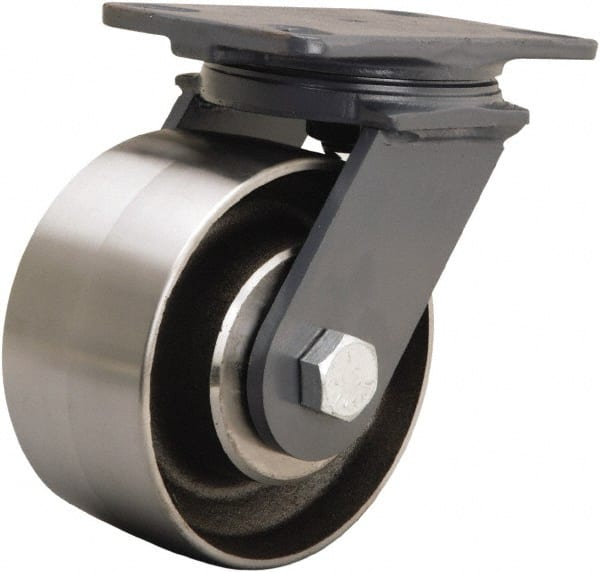 Hamilton - 6" Diam x 3" Wide x 7-3/4" OAH Top Plate Mount Swivel Caster - Forged Steel, 2,400 Lb Capacity, Sealed Precision Ball Bearing, 4-1/2 x 6-1/2" Plate - Exact Tooling