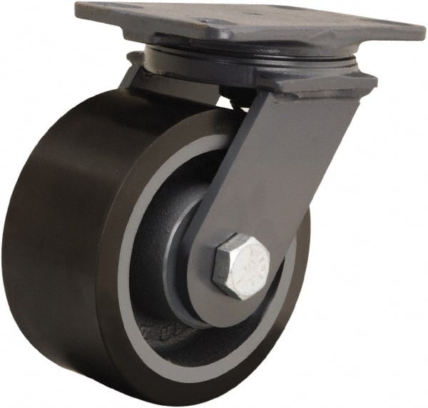 Hamilton - 6" Diam x 3" Wide x 7-3/4" OAH Top Plate Mount Swivel Caster - Polyurethane Mold onto Cast Iron Center, 2,200 Lb Capacity, Sealed Precision Ball Bearing, 4-1/2 x 6-1/2" Plate - Exact Tooling
