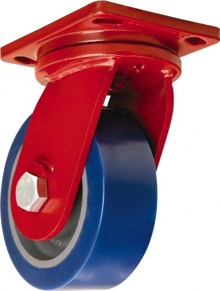 Hamilton - 8" Diam x 3" Wide x 10-1/2" OAH Top Plate Mount Swivel Caster - Polyurethane Mold on Forged Steel, 3,500 Lb Capacity, Tapered Roller Bearing, 6-1/2 x 7-1/2" Plate - Exact Tooling