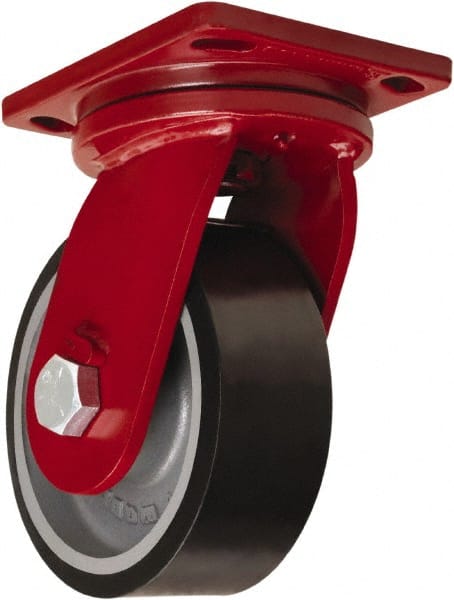 Hamilton - 10" Diam x 3" Wide x 12-1/2" OAH Top Plate Mount Swivel Caster - Polyurethane Mold onto Cast Iron Center, 3,900 Lb Capacity, Tapered Roller Bearing, 6-1/2 x 7-1/2" Plate - Exact Tooling