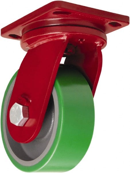 Hamilton - 8" Diam x 4" Wide x 10-1/2" OAH Top Plate Mount Swivel Caster - Polyurethane Mold onto Cast Iron Center, 3,200 Lb Capacity, Tapered Roller Bearing, 6-1/2 x 7-1/2" Plate - Exact Tooling