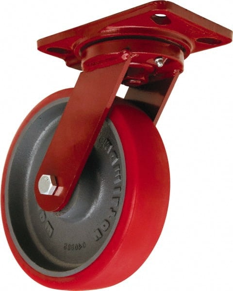 Hamilton - 8" Diam x 2" Wide x 9-3/4" OAH Top Plate Mount Swivel Caster - Polyurethane Mold onto Cast Iron Center, 1,800 Lb Capacity, Sealed Precision Ball Bearing, 4-1/2 x 6-1/2" Plate - Exact Tooling