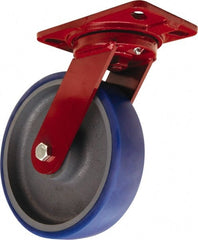 Hamilton - 8" Diam x 2" Wide x 9-3/4" OAH Top Plate Mount Swivel Caster - Polyurethane Mold onto Cast Iron Center, 1,200 Lb Capacity, Tapered Roller Bearing, 4-1/2 x 6-1/2" Plate - Exact Tooling