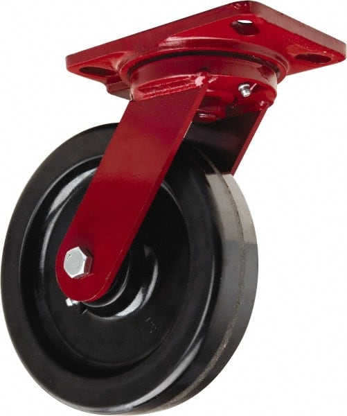 Hamilton - 8" Diam x 2" Wide x 9-3/4" OAH Top Plate Mount Swivel Caster - Phenolic, 1,400 Lb Capacity, Straight Roller Bearing, 4-1/2 x 6-1/2" Plate - Exact Tooling