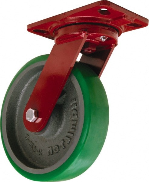 Hamilton - 8" Diam x 2" Wide x 9-3/4" OAH Top Plate Mount Swivel Caster - Polyurethane Mold onto Cast Iron Center, 1,500 Lb Capacity, Sealed Precision Ball Bearing, 4-1/2 x 6-1/2" Plate - Exact Tooling