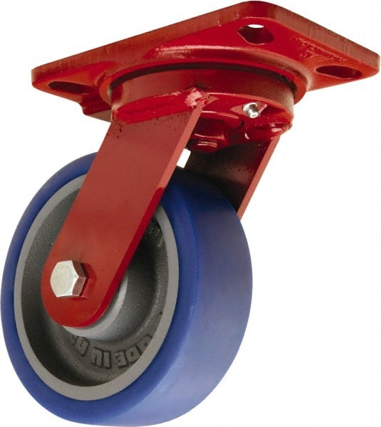 Hamilton - 6" Diam x 2" Wide x 7-3/4" OAH Top Plate Mount Swivel Caster - Polyurethane Mold onto Cast Iron Center, 960 Lb Capacity, Sealed Precision Ball Bearing, 4-1/2 x 6-1/2" Plate - Exact Tooling
