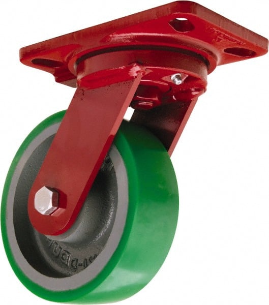 Hamilton - 6" Diam x 2" Wide x 7-3/4" OAH Top Plate Mount Swivel Caster - Polyurethane Mold onto Cast Iron Center, 1,200 Lb Capacity, Tapered Roller Bearing, 4-1/2 x 6-1/2" Plate - Exact Tooling