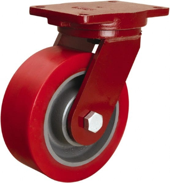 Hamilton - 8" Diam x 3" Wide x 10-1/2" OAH Top Plate Mount Swivel Caster - Polyurethane Mold on Forged Steel, 3,000 Lb Capacity, Sealed Precision Ball Bearing, 6-1/8 x 7-1/2" Plate - Exact Tooling