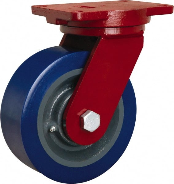 Hamilton - 8" Diam x 3" Wide x 10-1/2" OAH Top Plate Mount Swivel Caster - Polyurethane Mold on Forged Steel, 3,500 Lb Capacity, Tapered Roller Bearing, 6-1/8 x 7-1/2" Plate - Exact Tooling