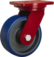 Hamilton - 8" Diam x 3" Wide x 10-1/2" OAH Top Plate Mount Swivel Caster - Polyurethane Mold onto Cast Iron Center, 2,000 Lb Capacity, Sealed Precision Ball Bearing, 6-1/8 x 7-1/2" Plate - Exact Tooling
