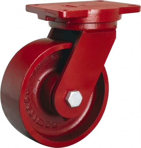 Hamilton - 8" Diam x 3" Wide x 10-1/2" OAH Top Plate Mount Swivel Caster - Cast Iron, 2,600 Lb Capacity, Sealed Precision Ball Bearing, 6-1/8 x 7-1/2" Plate - Exact Tooling