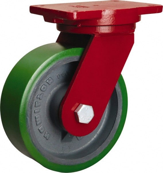 Hamilton - 8" Diam x 2-1/2" Wide x 10-1/2" OAH Top Plate Mount Swivel Caster - Polyurethane Mold onto Cast Iron Center, 2,000 Lb Capacity, Sealed Precision Ball Bearing, 6-1/8 x 7-1/2" Plate - Exact Tooling
