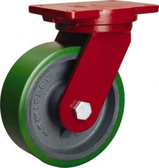 Hamilton - 8" Diam x 3" Wide x 10-1/2" OAH Top Plate Mount Swivel Caster - Polyurethane Mold onto Cast Iron Center, 2,500 Lb Capacity, Sealed Precision Ball Bearing, 6-1/8 x 7-1/2" Plate - Exact Tooling