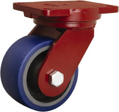 Hamilton - 6" Diam x 3" Wide x 8-1/2" OAH Top Plate Mount Swivel Caster - Polyurethane Mold onto Cast Iron Center, 1,800 Lb Capacity, Precision Tapered Roller Bearing, 6-1/8 x 7-1/2" Plate - Exact Tooling