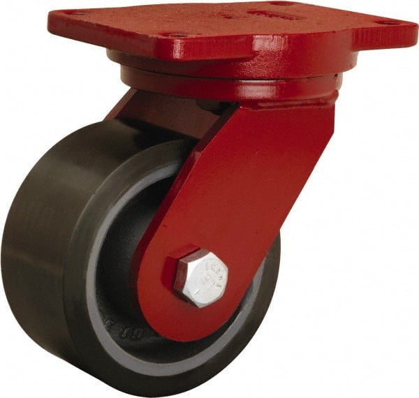 Hamilton - 6" Diam x 3" Wide x 8-1/2" OAH Top Plate Mount Swivel Caster - Polyurethane Mold onto Cast Iron Center, 2,860 Lb Capacity, Sealed Precision Ball Bearing, 6-1/8 x 7-1/2" Plate - Exact Tooling