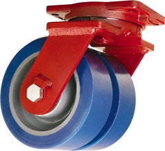 Hamilton - 8" Diam x 3" Wide x 10-1/2" OAH Top Plate Mount Dual Swivel Caster - Polyurethane Mold on Forged Steel, 7,000 Lb Capacity, Tapered Roller Bearing, 6-1/8 x 7-1/2" Plate - Exact Tooling