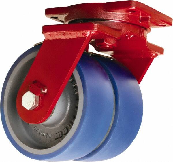 Hamilton - 12" Diam x 3" Wide x 14-1/2" OAH Top Plate Mount Dual Swivel Caster - Polyurethane Mold onto Cast Iron Center, 4,000 Lb Capacity, Sealed Precision Ball Bearing, 6-1/8 x 7-1/2" Plate - Exact Tooling