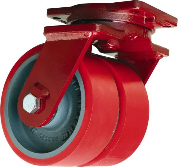 Hamilton - 12" Diam x 3" Wide x 14-1/2" OAH Top Plate Mount Dual Swivel Caster - Polyurethane Mold on Forged Steel, 7,000 Lb Capacity, Tapered Roller Bearing, 6-1/8 x 7-1/2" Plate - Exact Tooling