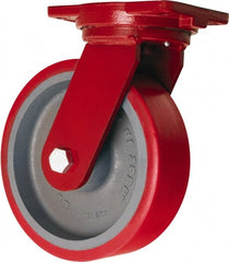 Hamilton - 10" Diam x 3" Wide x 12-1/2" OAH Top Plate Mount Swivel Caster - Polyurethane Mold on Forged Steel, 3,600 Lb Capacity, Tapered Roller Bearing, 6-1/8 x 7-1/2" Plate - Exact Tooling