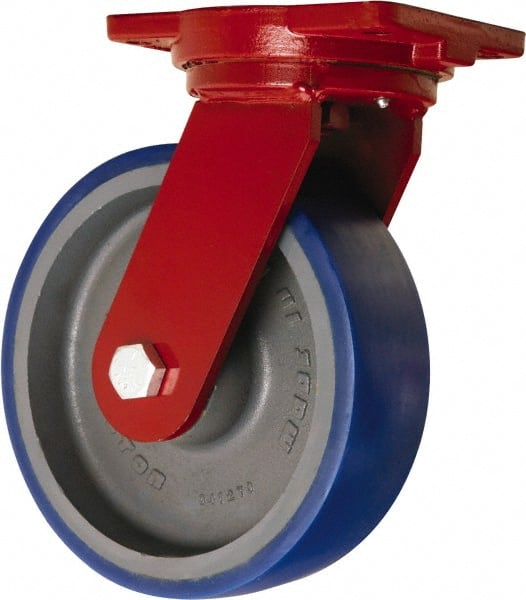 Hamilton - 10" Diam x 3" Wide x 12-1/2" OAH Top Plate Mount Swivel Caster - Polyurethane Mold onto Cast Iron Center, 2,400 Lb Capacity, Precision Tapered Roller Bearing, 6-1/8 x 7-1/2" Plate - Exact Tooling