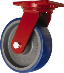 Hamilton - 10" Diam x 3" Wide x 12-1/2" OAH Top Plate Mount Swivel Caster - Polyurethane Mold onto Cast Iron Center, 2,400 Lb Capacity, Precision Tapered Roller Bearing, 6-1/8 x 7-1/2" Plate - Exact Tooling