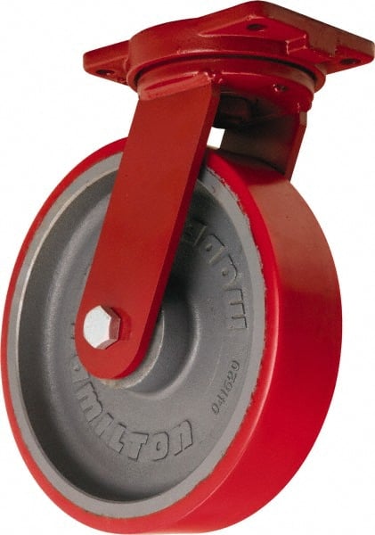 Hamilton - 12" Diam x 3" Wide x 14-1/2" OAH Top Plate Mount Swivel Caster - Polyurethane Mold on Forged Steel, 4,200 Lb Capacity, Tapered Roller Bearing, 6-1/8 x 7-1/2" Plate - Exact Tooling