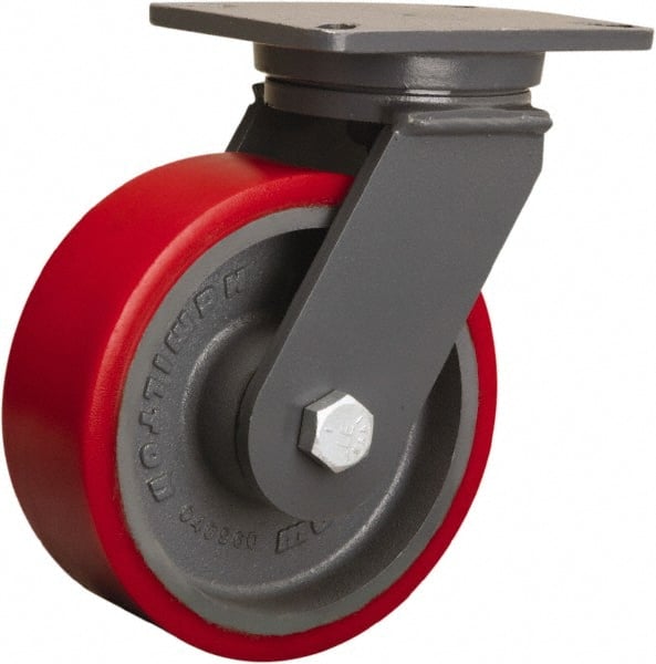 Hamilton - 8" Diam x 3" Wide x 10-1/2" OAH Top Plate Mount Swivel Caster - Polyurethane Mold onto Cast Iron Center, 3,000 Lb Capacity, Sealed Precision Ball Bearing, 5-1/4 x 7-1/4" Plate - Exact Tooling