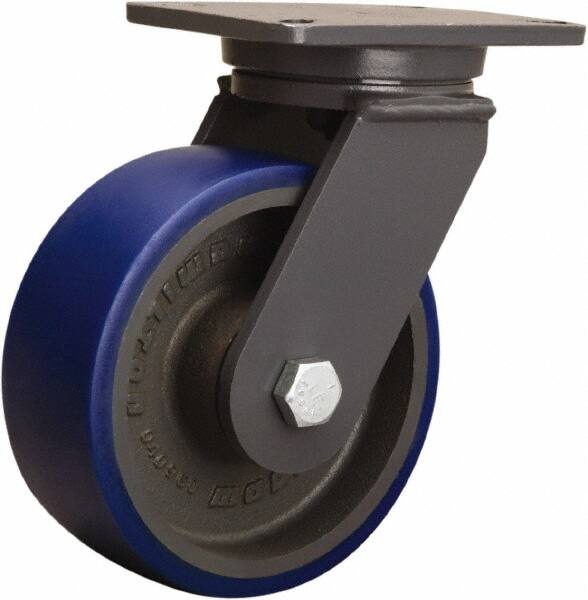 Hamilton - 8" Diam x 3" Wide x 10-1/2" OAH Top Plate Mount Swivel Caster - Polyurethane Mold onto Cast Iron Center, 2,000 Lb Capacity, Tapered Roller Bearing, 5-1/4 x 7-1/4" Plate - Exact Tooling