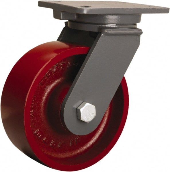 Hamilton - 8" Diam x 3" Wide x 10-1/2" OAH Top Plate Mount Swivel Caster - Cast Iron, 2,600 Lb Capacity, Tapered Roller Bearing, 5-1/4 x 7-1/4" Plate - Exact Tooling