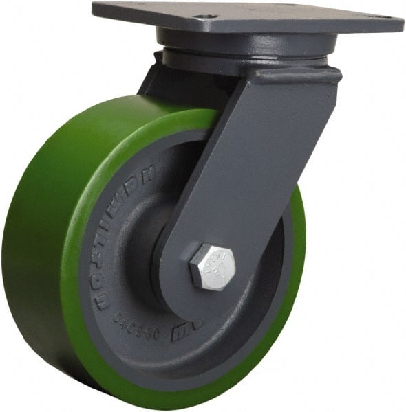 Hamilton - 8" Diam x 3" Wide x 10-1/2" OAH Top Plate Mount Swivel Caster - Polyurethane Mold onto Cast Iron Center, 2,500 Lb Capacity, Tapered Roller Bearing, 5-1/4 x 7-1/4" Plate - Exact Tooling
