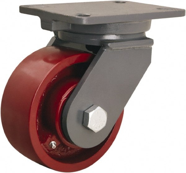Hamilton - 6" Diam x 2-1/2" Wide x 8" OAH Top Plate Mount Swivel Caster - Cast Iron, 2,200 Lb Capacity, Tapered Roller Bearing, 5-1/4 x 7-1/4" Plate - Exact Tooling
