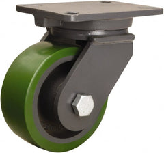 Hamilton - 6" Diam x 2-1/2" Wide x 8" OAH Top Plate Mount Swivel Caster - Polyurethane Mold onto Cast Iron Center, 1,600 Lb Capacity, Tapered Roller Bearing, 5-1/4 x 7-1/4" Plate - Exact Tooling
