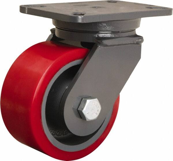 Hamilton - 6" Diam x 3" Wide x 8" OAH Top Plate Mount Swivel Caster - Polyurethane Mold onto Cast Iron Center, 2,600 Lb Capacity, Sealed Precision Ball Bearing, 5-1/4 x 7-1/4" Plate - Exact Tooling