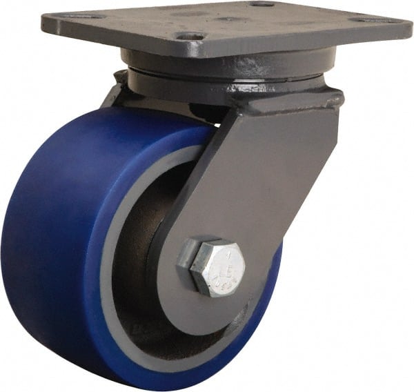 Hamilton - 6" Diam x 3" Wide x 8" OAH Top Plate Mount Swivel Caster - Polyurethane Mold onto Cast Iron Center, 1,800 Lb Capacity, Tapered Roller Bearing, 5-1/4 x 7-1/4" Plate - Exact Tooling