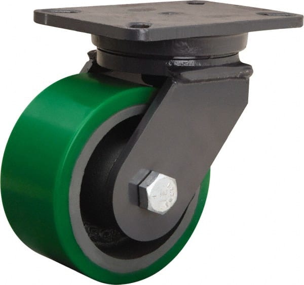 Hamilton - 6" Diam x 3" Wide x 8" OAH Top Plate Mount Swivel Caster - Polyurethane Mold onto Cast Iron Center, 2,200 Lb Capacity, Tapered Roller Bearing, 5-1/4 x 7-1/4" Plate - Exact Tooling