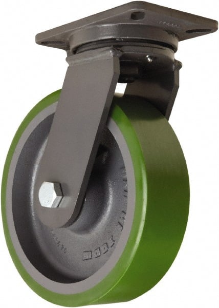 Hamilton - 10" Diam x 3" Wide x 12-1/2" OAH Top Plate Mount Swivel Caster - Polyurethane Mold onto Cast Iron Center, 3,000 Lb Capacity, Tapered Roller Bearing, 5-1/4 x 7-1/4" Plate - Exact Tooling