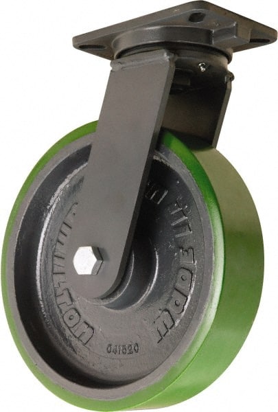Hamilton - 12" Diam x 3" Wide x 15-1/2" OAH Top Plate Mount Swivel Caster - Polyurethane Mold onto Cast Iron Center, 3,500 Lb Capacity, Tapered Roller Bearing, 5-1/4 x 7-1/4" Plate - Exact Tooling