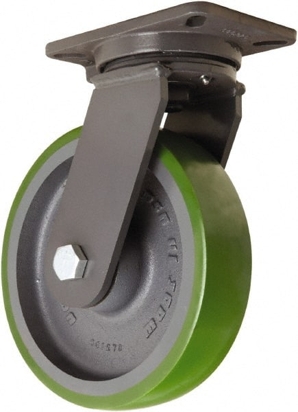 Hamilton - 10" Diam x 2-1/2" Wide x 12-1/2" OAH Top Plate Mount Swivel Caster - Polyurethane Mold onto Cast Iron Center, 2,500 Lb Capacity, Tapered Roller Bearing, 5-1/4 x 7-1/4" Plate - Exact Tooling