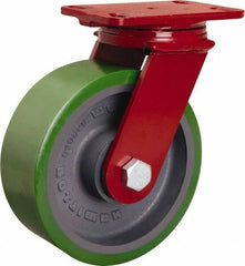 Hamilton - 8" Diam x 3" Wide x 10-1/8" OAH Top Plate Mount Swivel Caster - Polyurethane Mold onto Cast Iron Center, 2,200 Lb Capacity, Sealed Precision Ball Bearing, 4-1/2 x 6-1/2" Plate - Exact Tooling